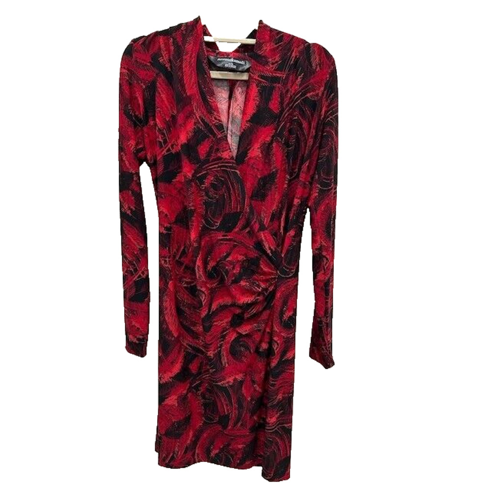 Norma Kamali Womens Dress Printed Faux Wrap Ruched Side Long Sleeve Red Size M